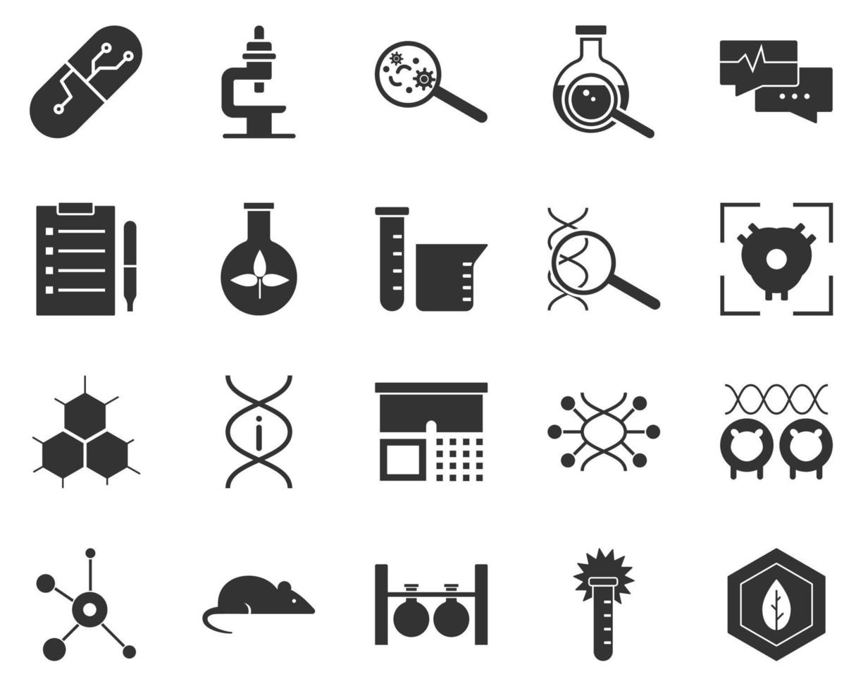 Leaf, biology, science. Bioengineering glyph icons set. Biotechnology for health, researching, materials creating. Molecular biology, biomedical and molecular engineering . vector