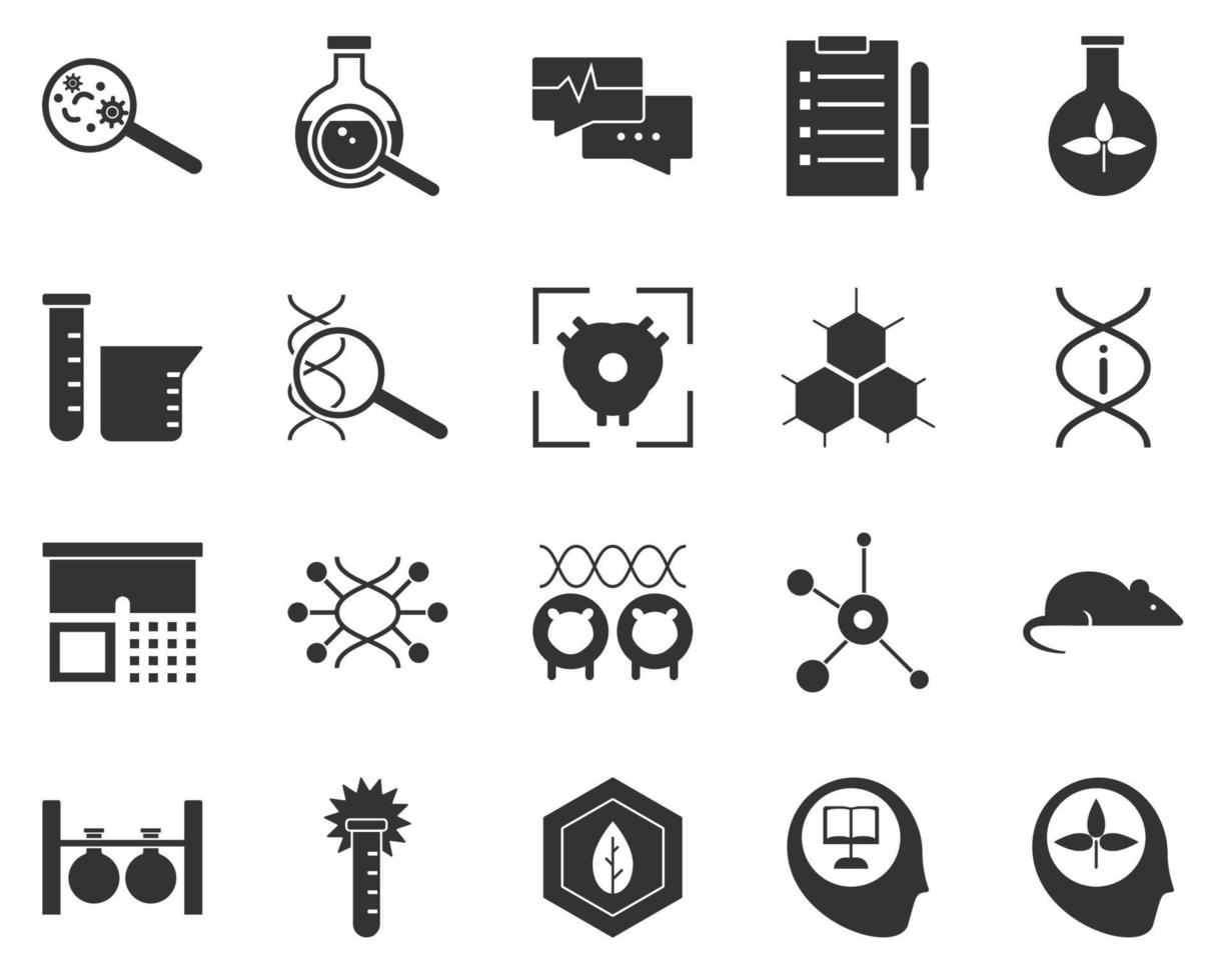 Consciousness, learning, biology. Bioengineering glyph icons set. Biotechnology for health, researching, materials creating. Molecular biology, biomedical and molecular engineering . vector