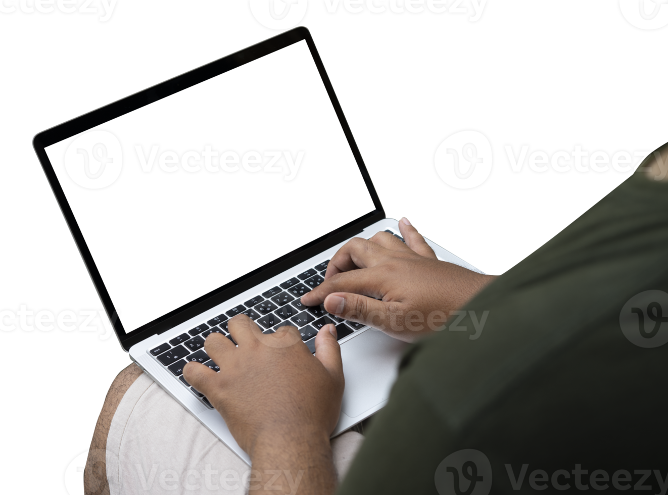 Man typing in blank screen laptop png