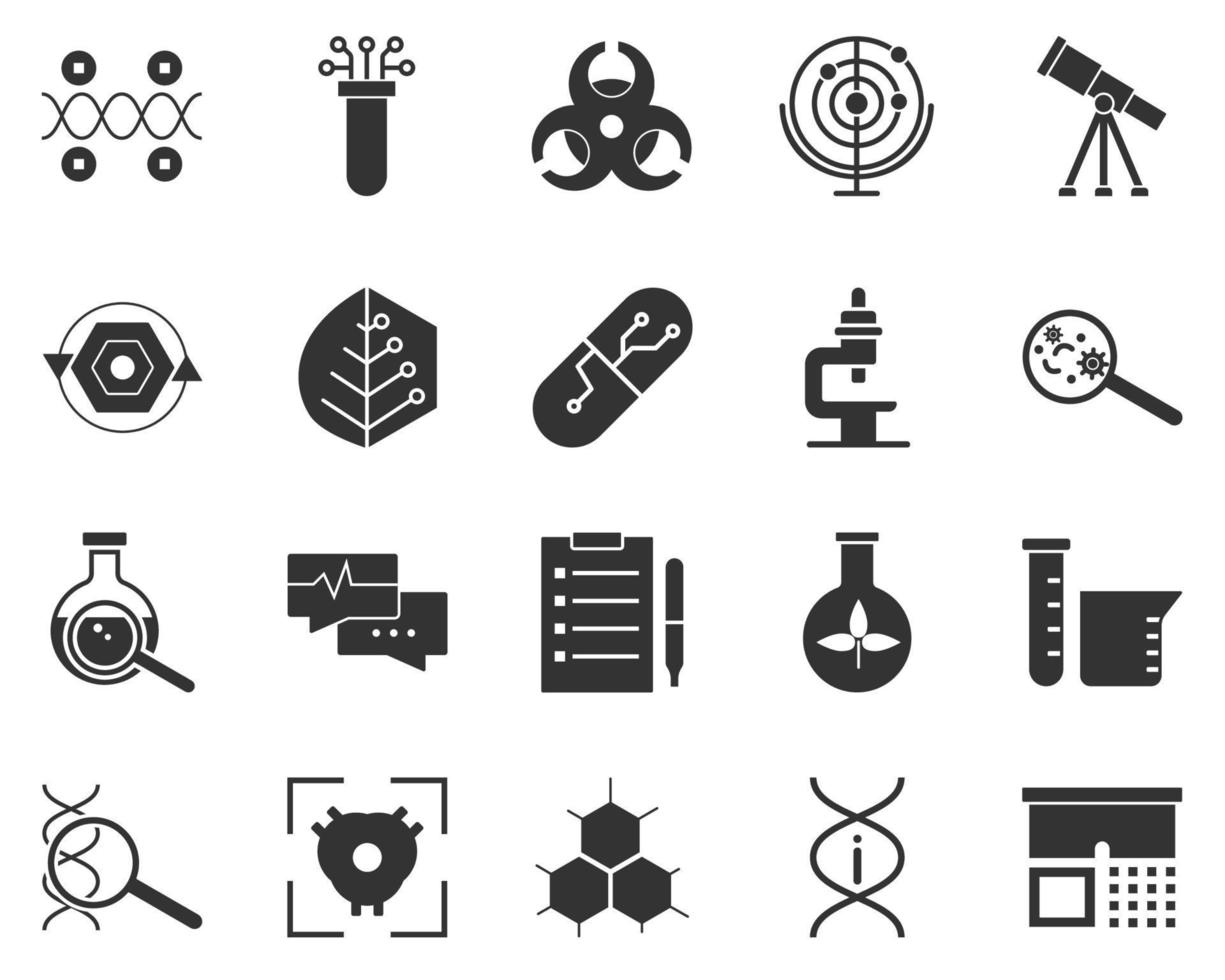 Wear. Bioengineering glyph icons set. Biotechnology for health, researching, materials creating. Molecular biology, biomedical and molecular engineering . vector