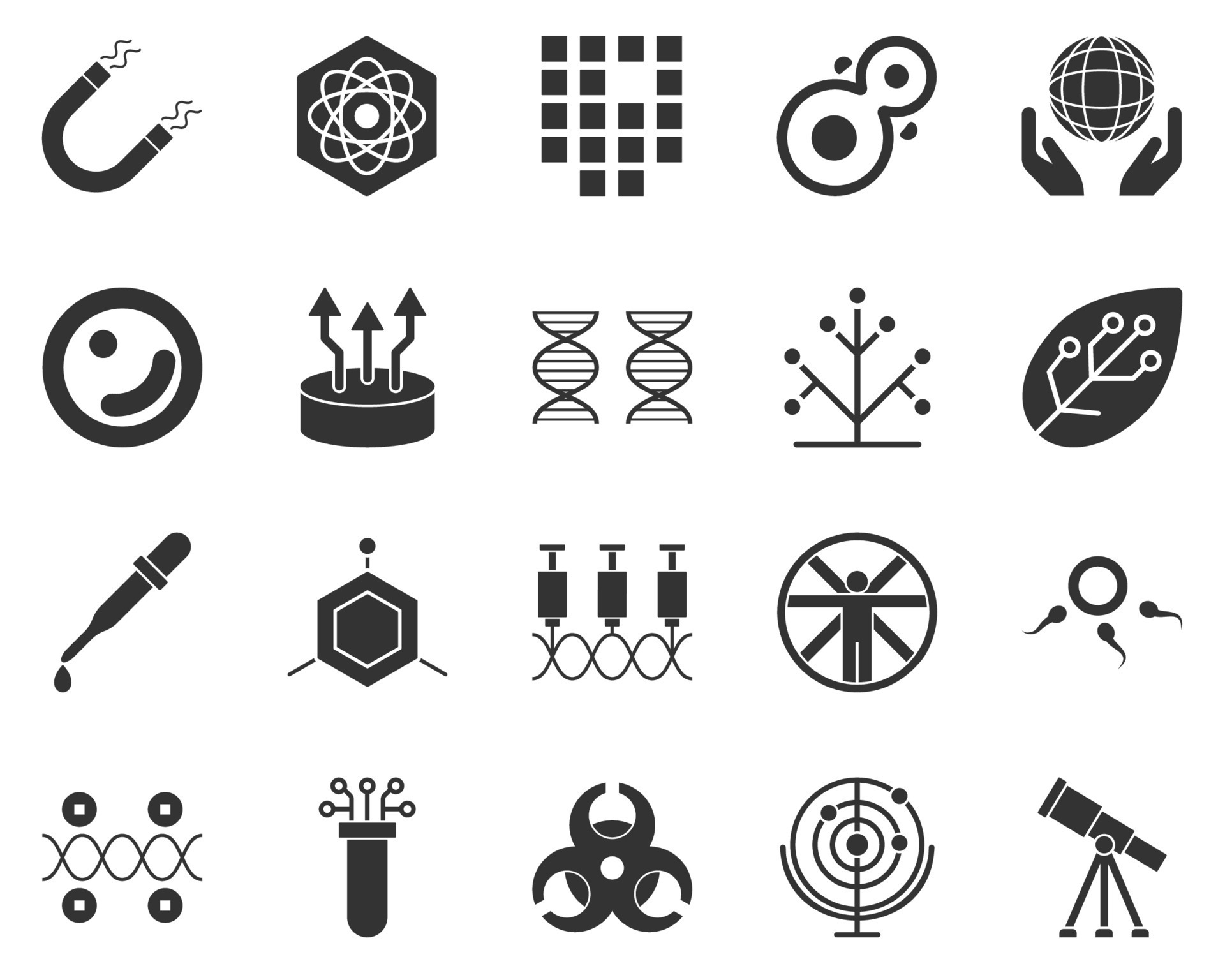 Observatory, telescope. Bioengineering glyph icons set. Biotechnology