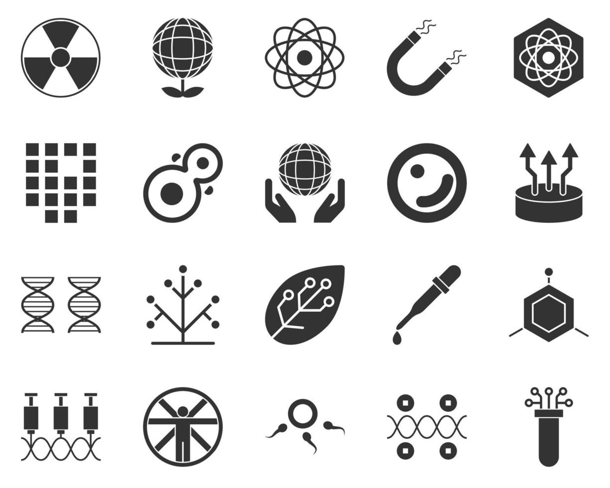 Biology, smart. Bioengineering glyph icons set. Biotechnology for health, researching, materials creating. Molecular biology, biomedical and molecular engineering . vector
