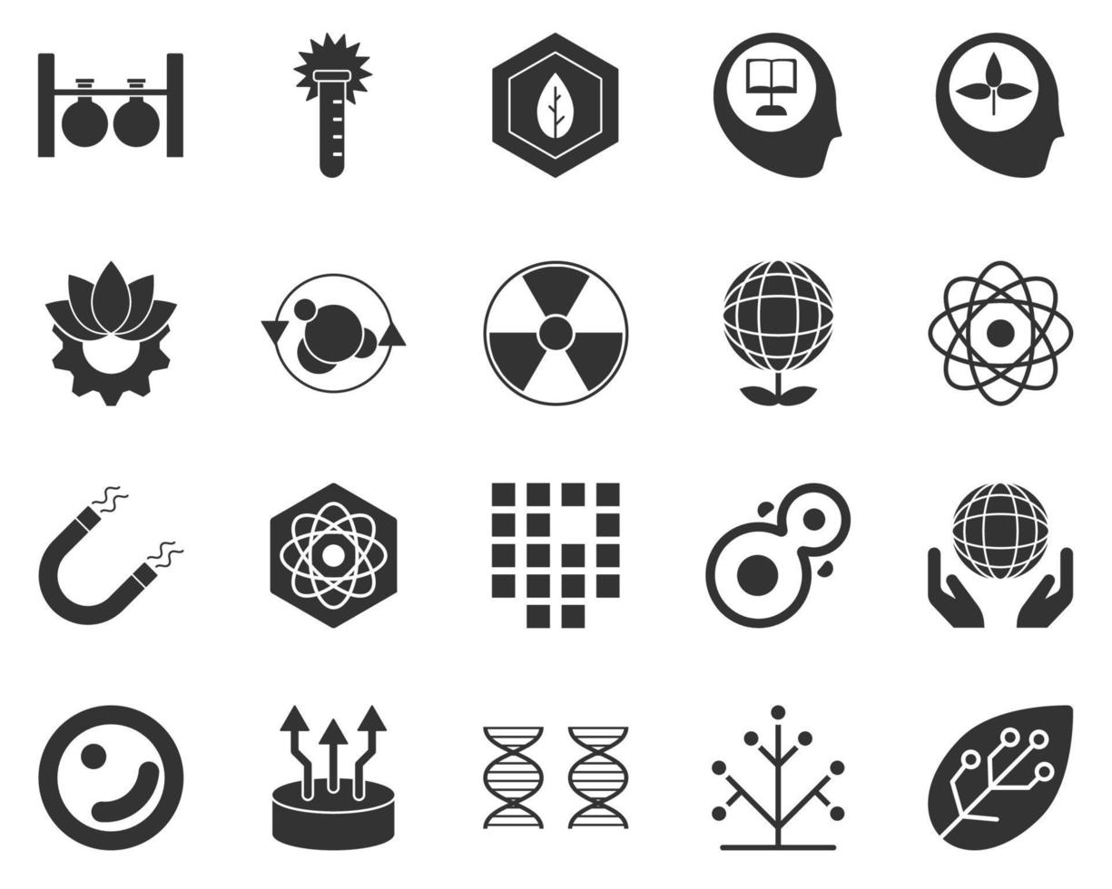 Leaf, smart, farm. Bioengineering glyph icons set. Biotechnology for health, researching, materials creating. Molecular biology, biomedical and molecular engineering . vector