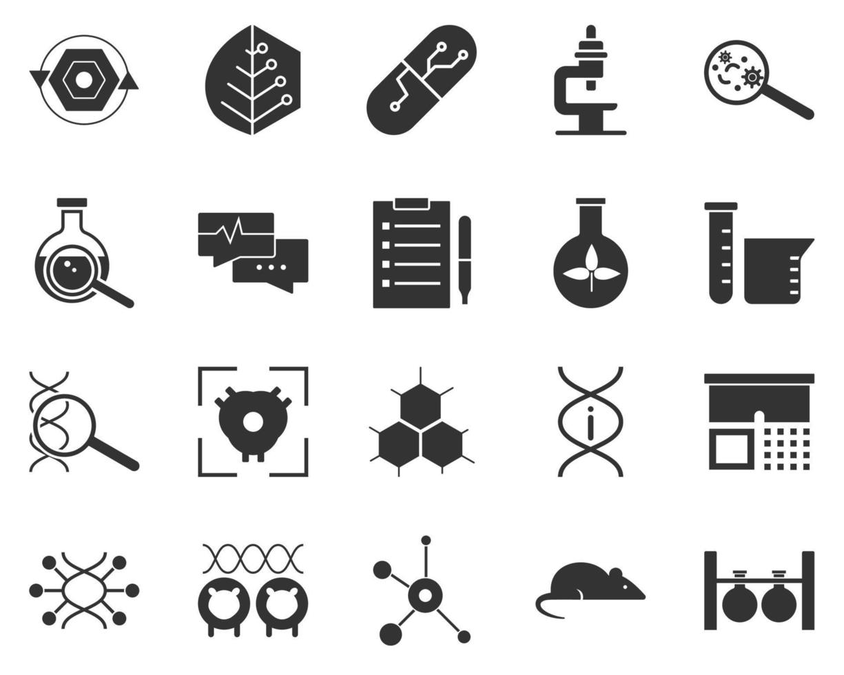 Laboratory, flask. Bioengineering glyph icons set. Biotechnology for health, researching, materials creating. Molecular biology, biomedical and molecular engineering . vector