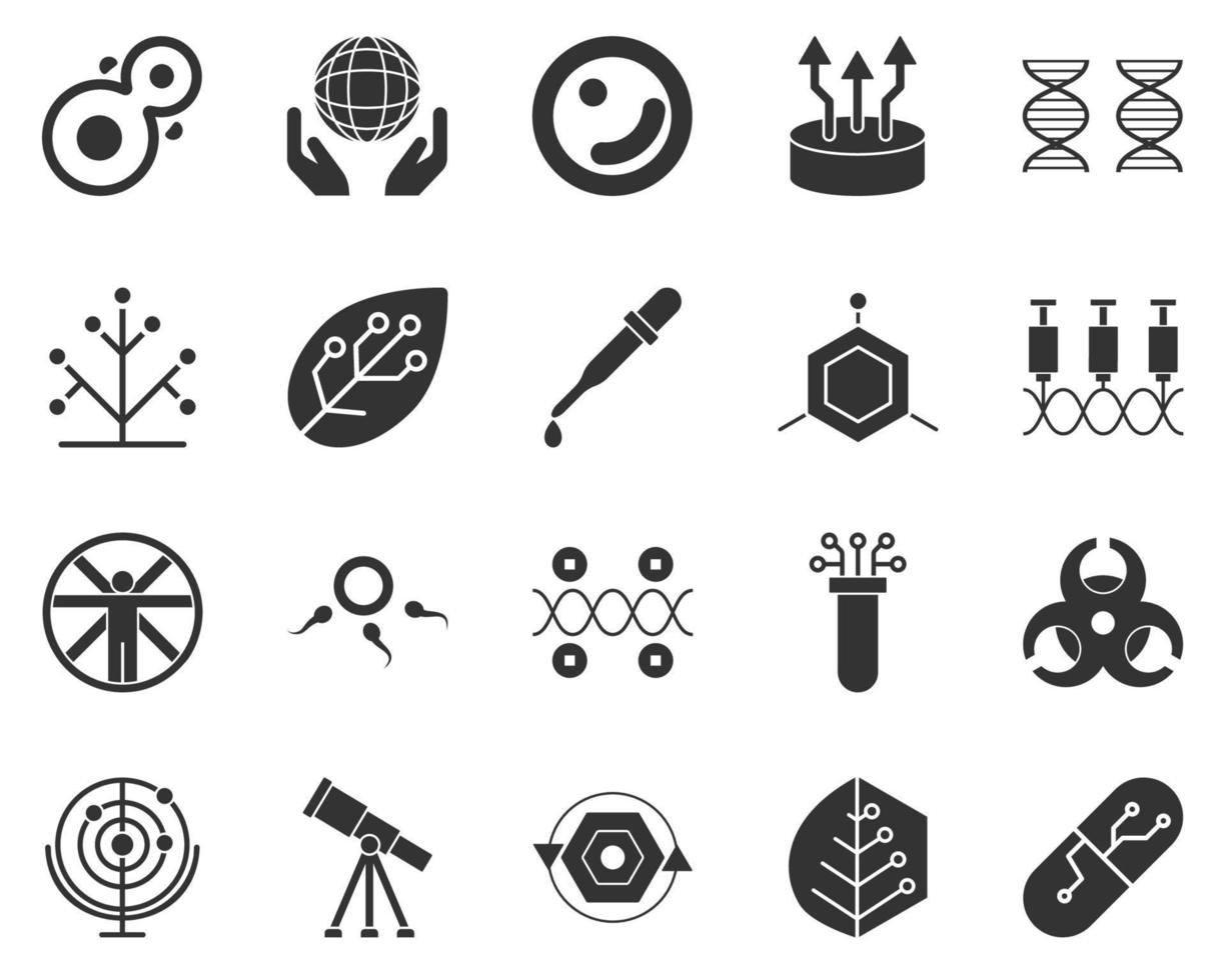 Drugs, smart. Bioengineering glyph icons set. Biotechnology for health, researching, materials creating. Molecular biology, biomedical and molecular engineering . vector