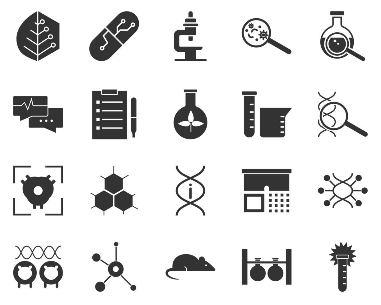 Chemical reaction. Bioengineering glyph icons set. Biotechnology for health, researching, materials creating. Molecular biology, biomedical and molecular engineering . vector