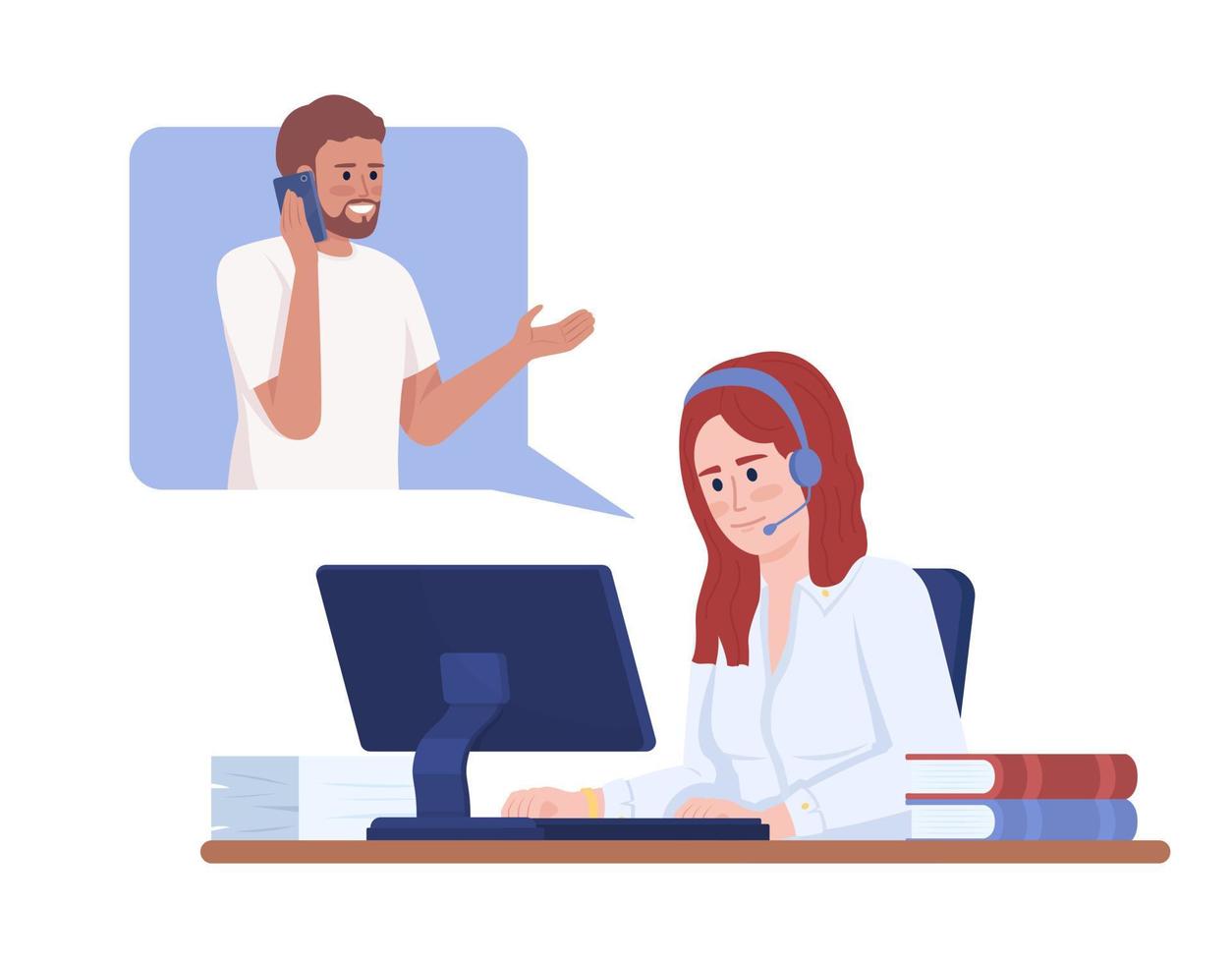 Call center agent gathering feedback from client semi flat color vector characters