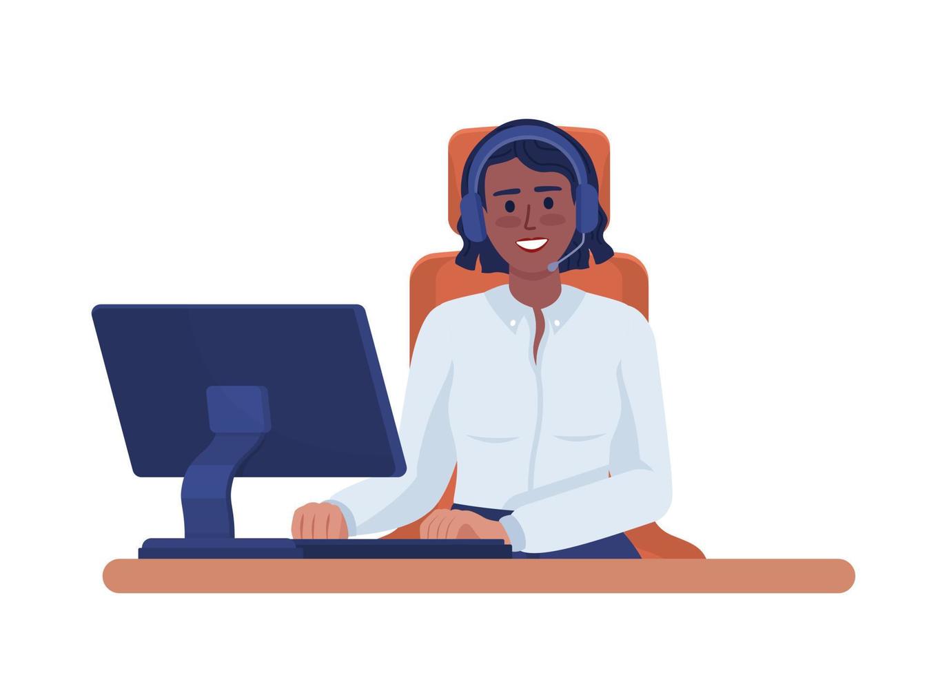 Happy call center consultant with headset semi flat color vector character