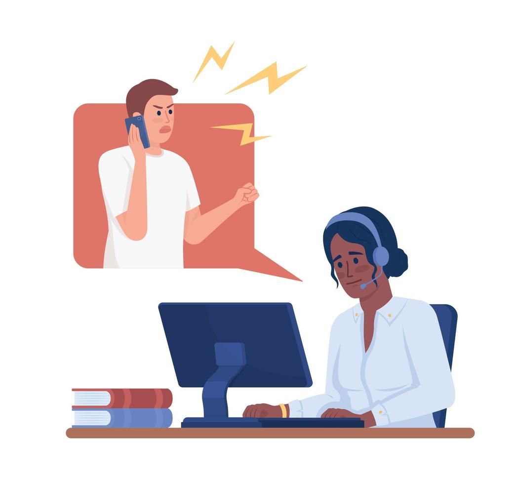 Female operator handling angry customer semi flat color vector characters. Editable figures. Full body people on white. Simple cartoon style illustration for web graphic design and animation