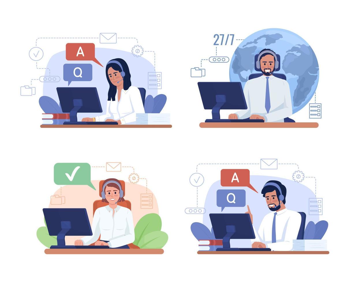 Customer service representative duties 2D vector isolated illustration set. Flat characters on cartoon background. Colorful editable scene pack for mobile, website