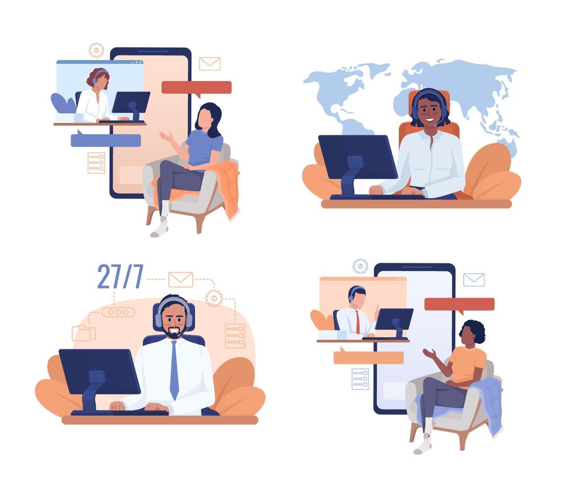 Excellent customer service 2D vector isolated illustration set. Flat characters on cartoon background. Colorful editable scene pack for mobile, website, presentation