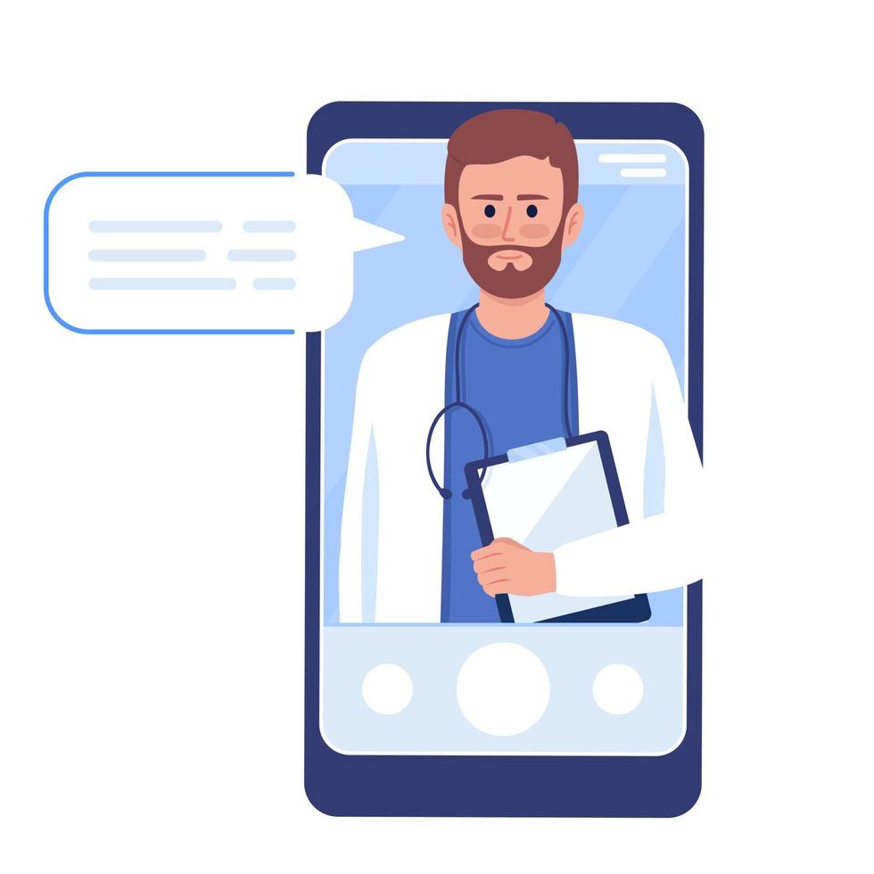 Male doctor in smartphone flat concept vector illustration. Internet medicine service. Editable 2D cartoon character on white for web design. Creative idea for website, mobile, presentation