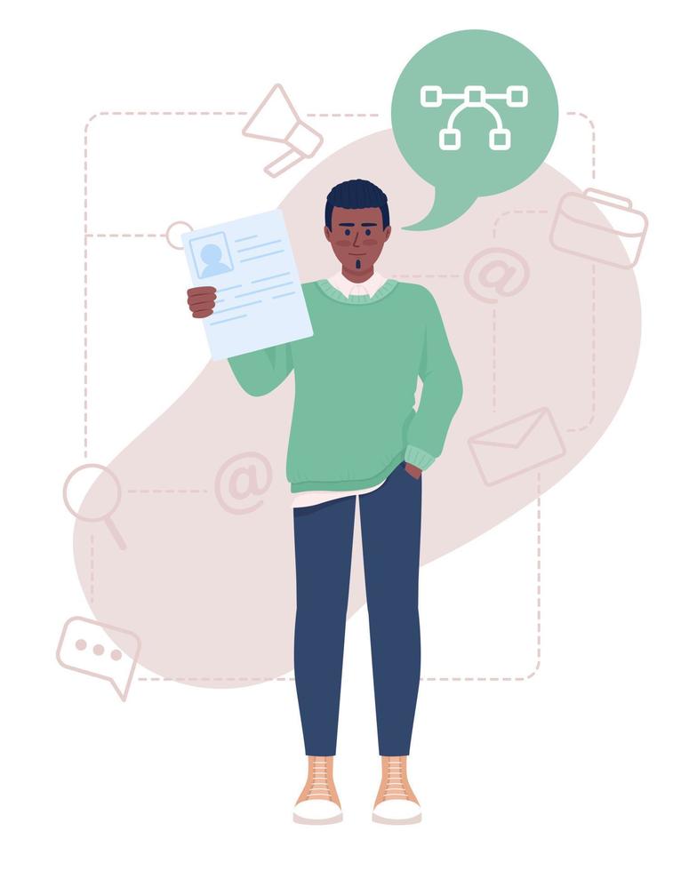 Graphic designer searching for job 2D vector isolated illustration. Male intern. Developer holding CV flat character on cartoon background. Colorful editable scene for mobile, website, presentation