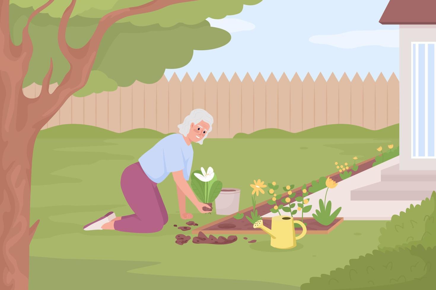 Gardening hobby for senior flat color vector illustration. Elderly woman planting flower beds in garden. Fully editable 2D simple cartoon character with green landscape and home fence on background