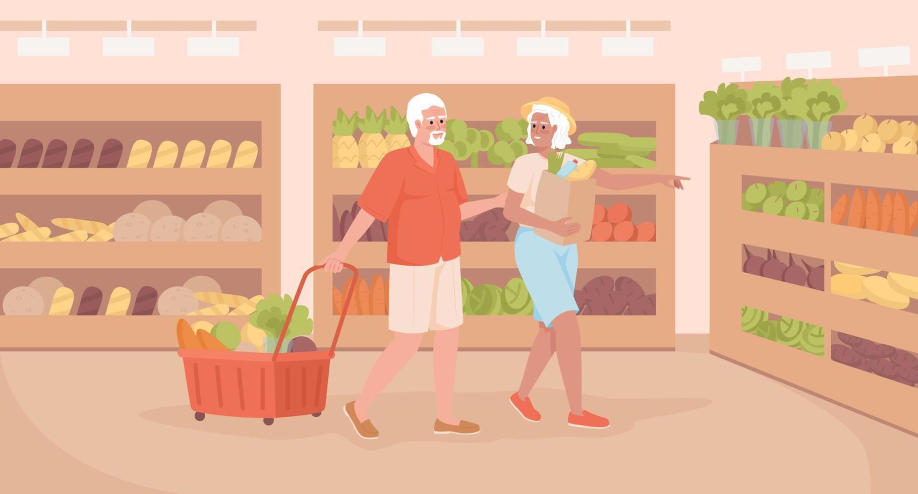 Senior shopping hours flat color vector illustration. Healthy lifestyle. Old couple purchasing vegetables together. Fully editable 2D simple cartoon characters with goods sections on background