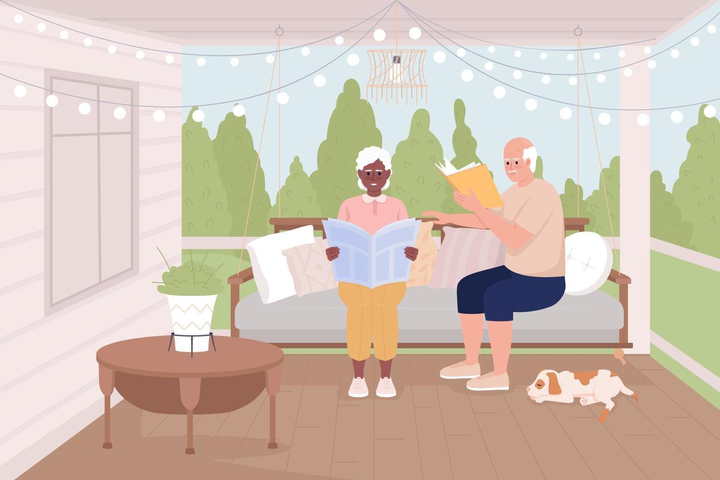 Married couple reading on cozy terrace flat color vector illustration. Elderly people sitting on swing and relaxing. Fully editable 2D simple cartoon characters with veranda, garden on background