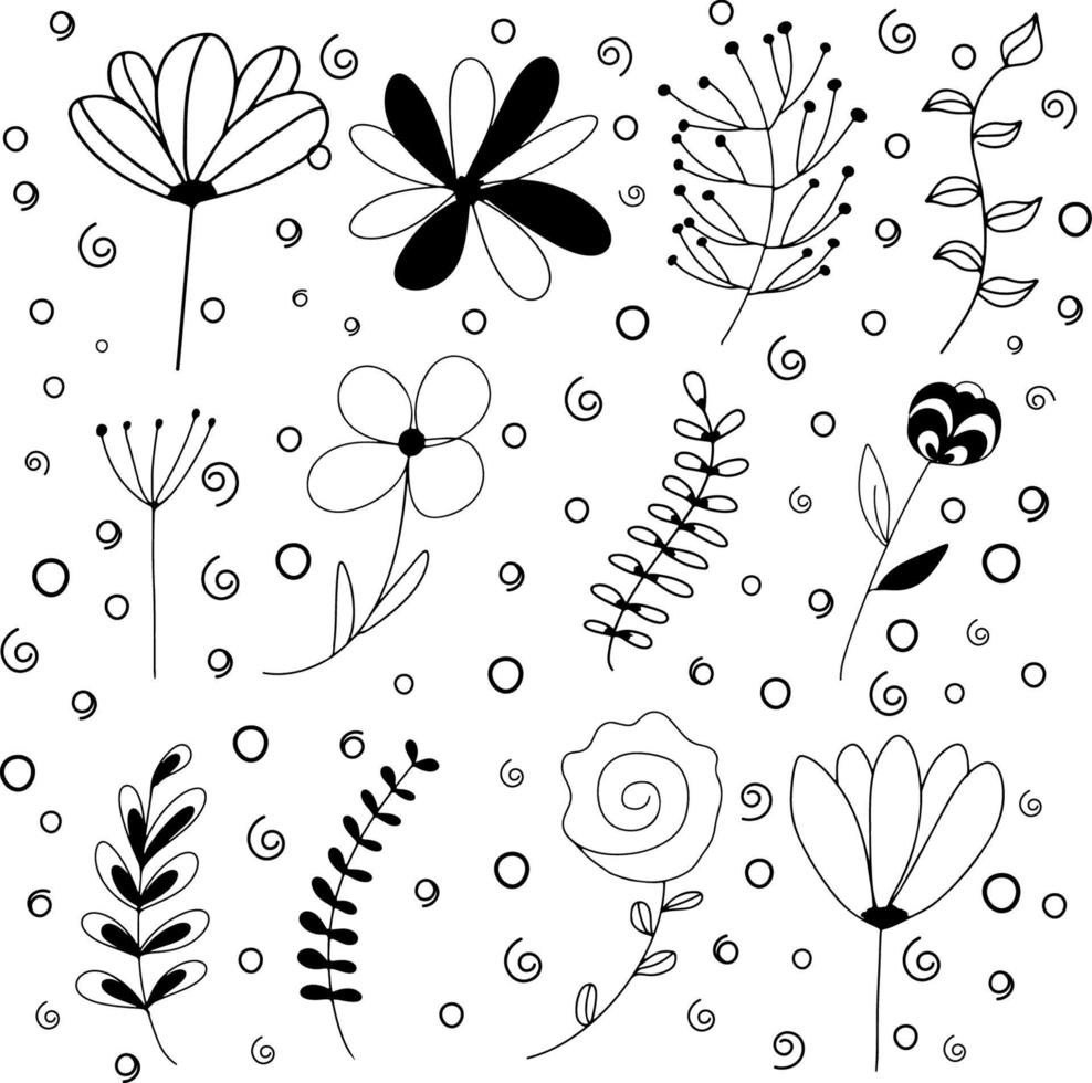 set of spring flowers doodle vector