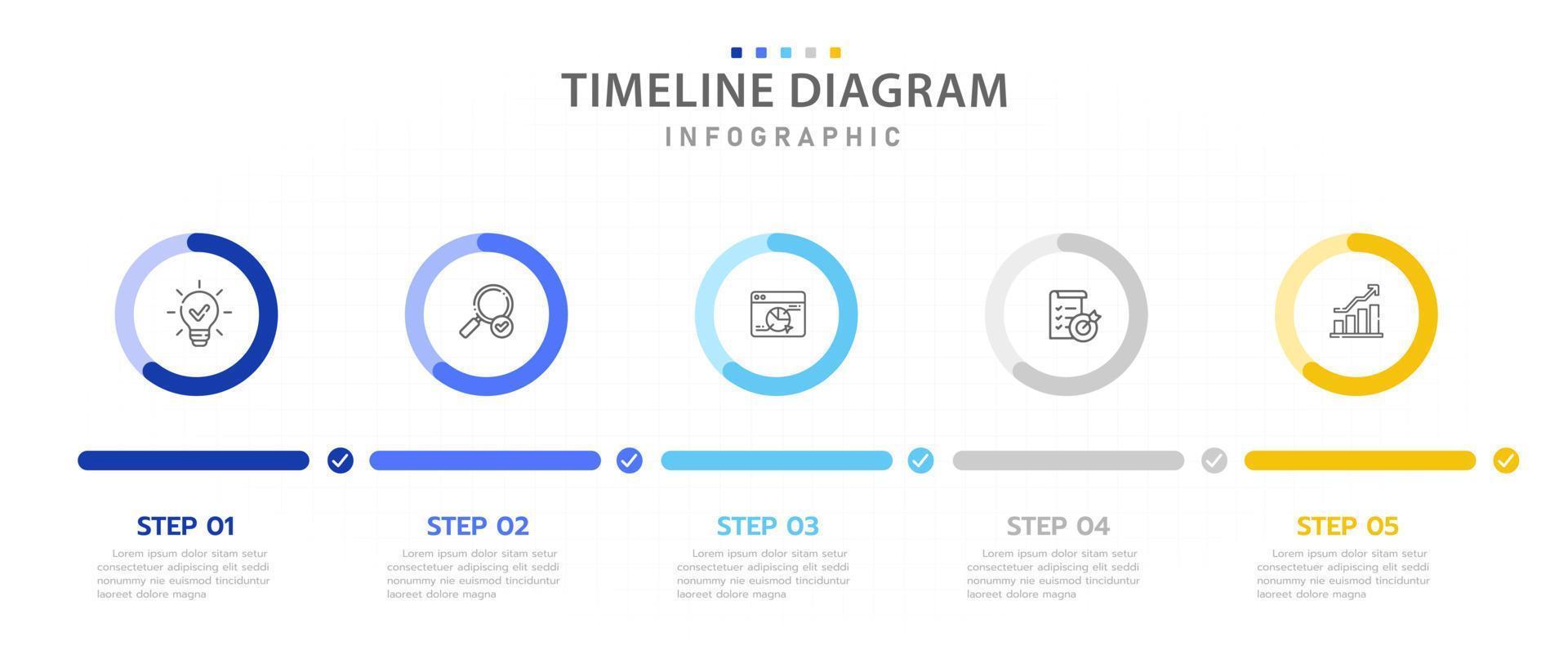 plantilla infográfica para negocios. Diagrama de línea de tiempo moderno de 5 pasos con gráfico circular de porcentaje, infografía vectorial de presentación. vector
