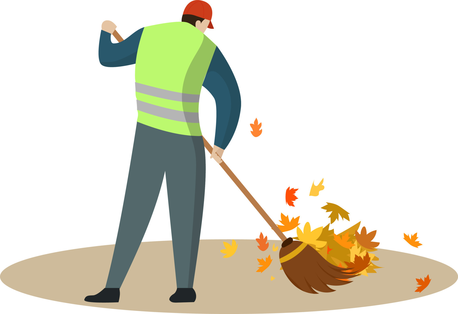Man Janitor Sweeping Road from Leaves with Broom Flat Vector Man Janitor Sweeping Road from Leaves with Broom Flat Vector