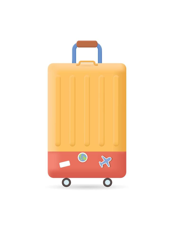 Bolsa de viaje 3d, maleta con pegatinas. viajar al mundo. vacaciones. viaje. turismo. icono de banner de viaje vector