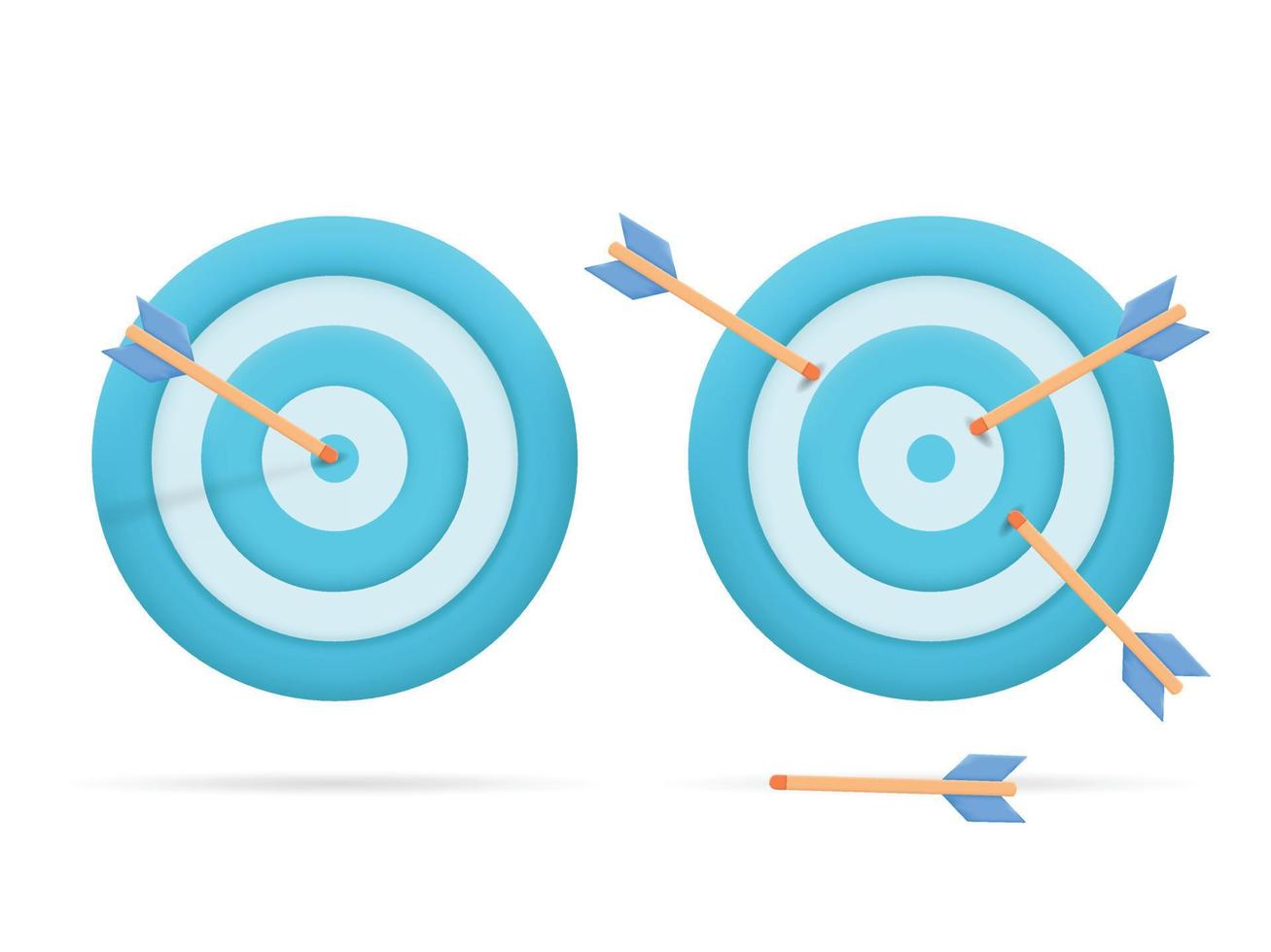 Dart arrow hit the center of target and missed hitting target. Business finance target, goal of success, target achievement concept vector
