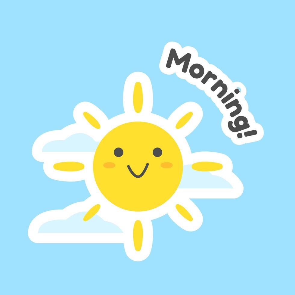 Cute sun smile with happy face, good morning sticker flat design ...