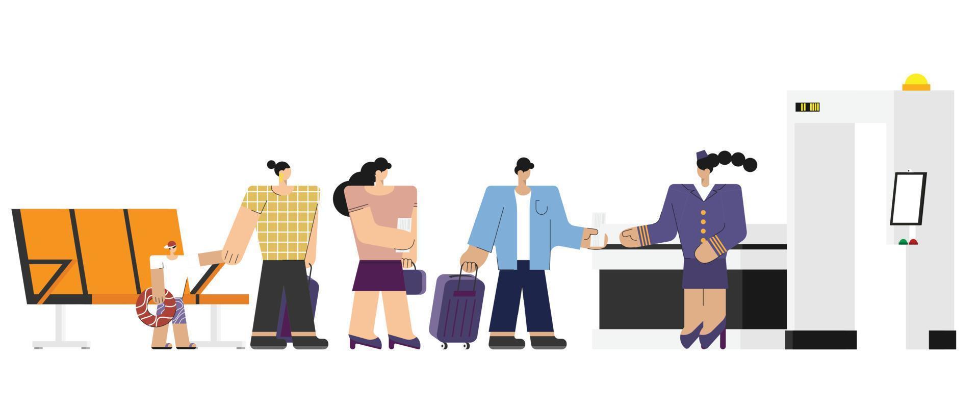 Airport departure area with plane boarding flight register tourists with luggage in queue check in for boarding plane departure, travelers aircraft vector illustration