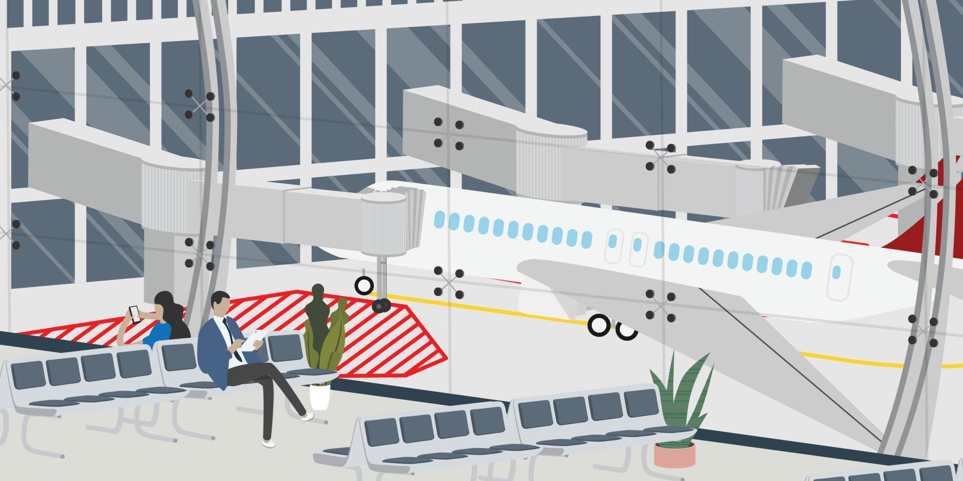 turistas de la zona de salida del aeropuerto con equipaje esperando relajarse en la terminal de la sala de salida para embarcar en el avión de salida, ilustración de vectores de aviones de viajeros