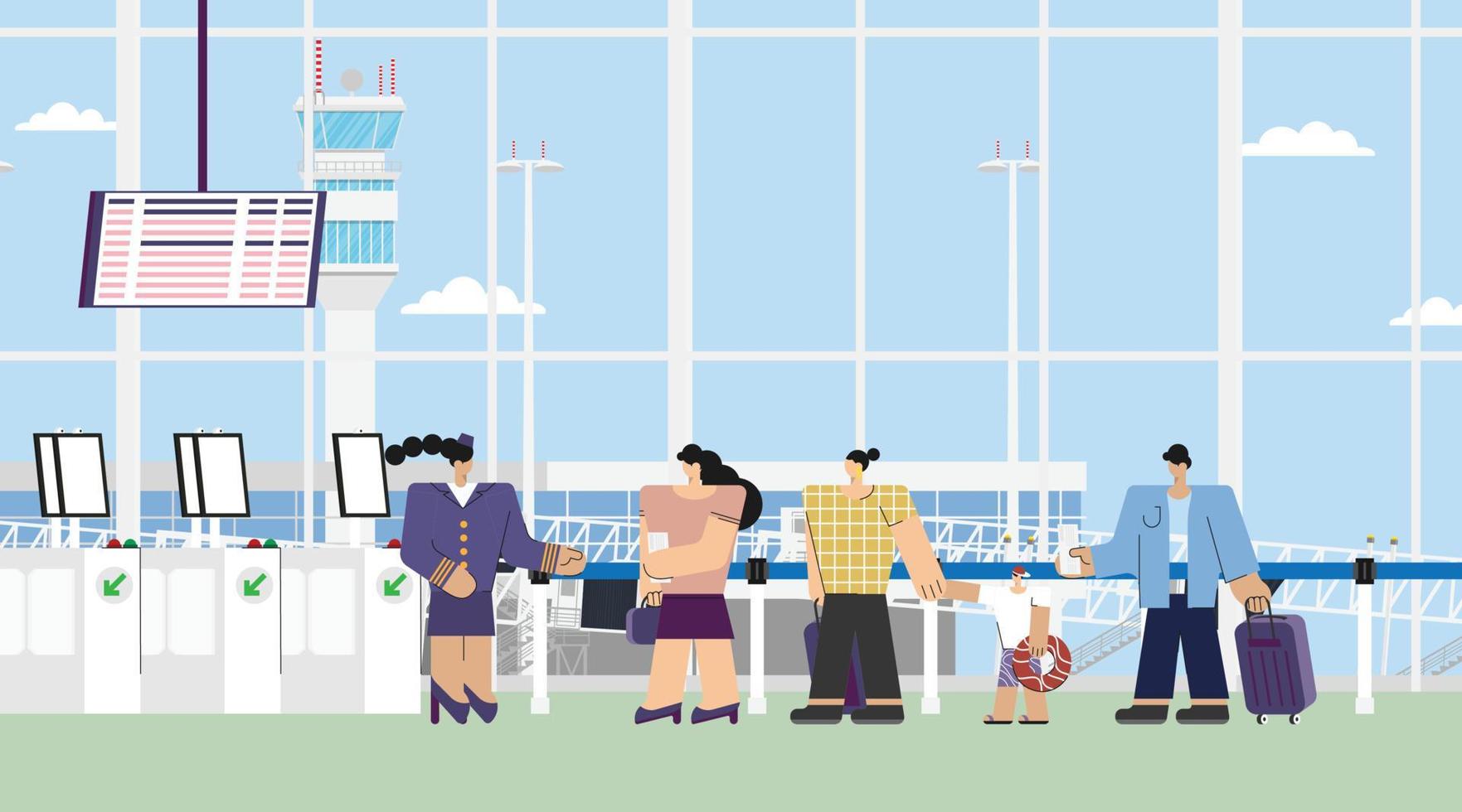 Airport departure area with plane boarding flight register tourists with luggage in queue check in for boarding plane departure, travelers aircraft vector illustration