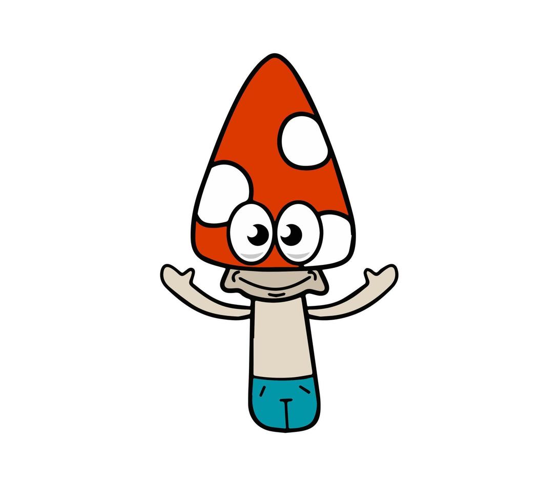 Mushroom character. Funny children drawing with red cap. Cute outline cartoon vector