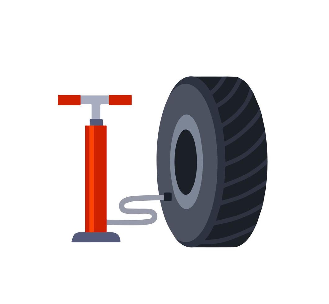 Deflated automobile tire. Accident and repair. Punctured wheel of a car. Red pump to increase air pressure. Tire service station. Cartoon flat illustration vector