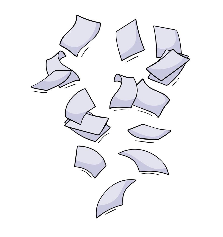 Paper files of documents fall down. Flying sheets. Blank sheet. Office element. Thrown object. White trash. Cartoon outline illustration vector