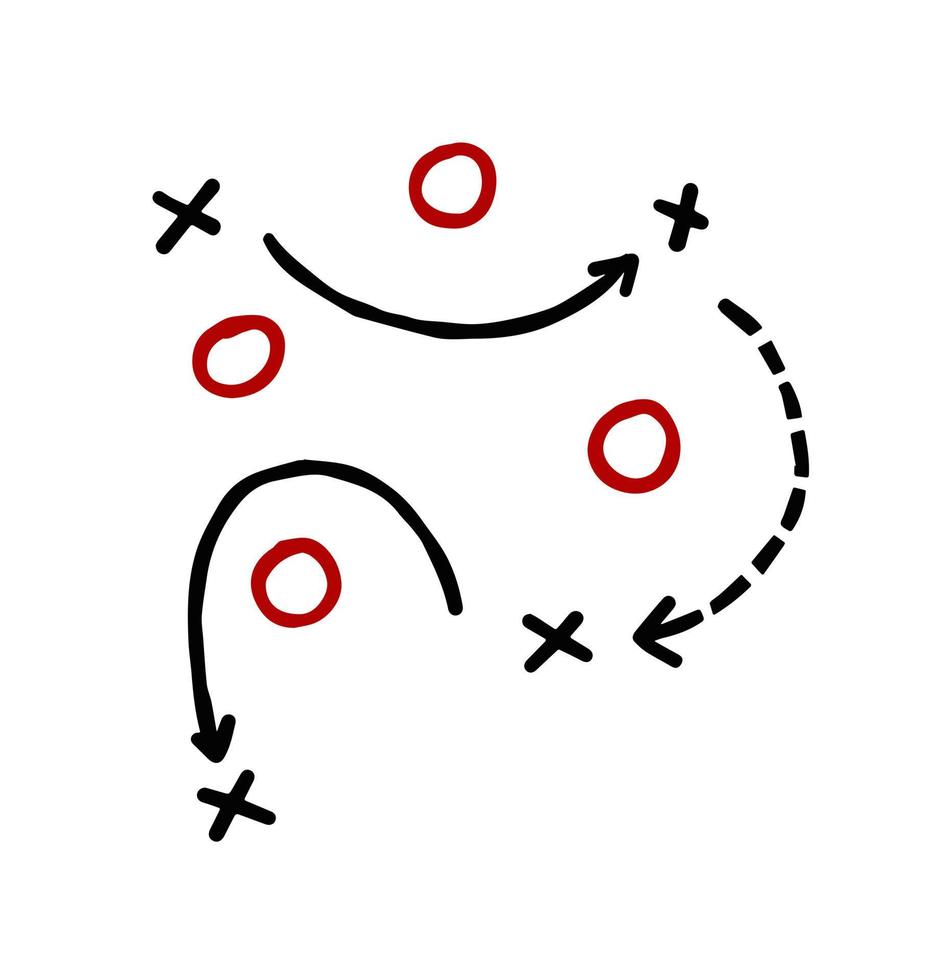 táctica y estrategia deportiva. esquema de movimiento del jugador del equipo. combinación de cruces y círculos con flechas de ruta. instrucciones de bola de lanzamiento. vector