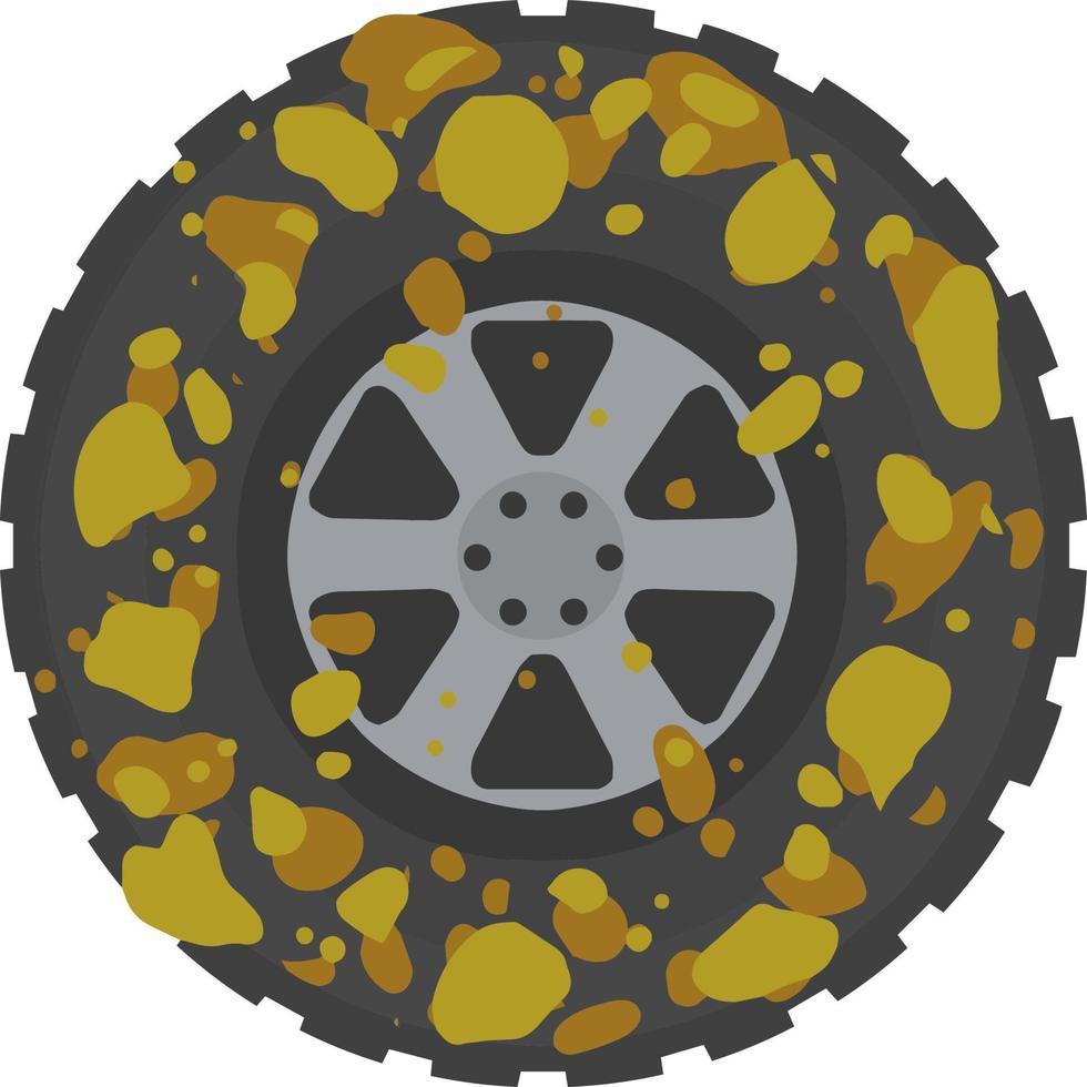 Dirty wheel of truck. Off-road driving. Ground on tire. Car wash symbol. Garbage and dirt. Cartoon flat illustration vector