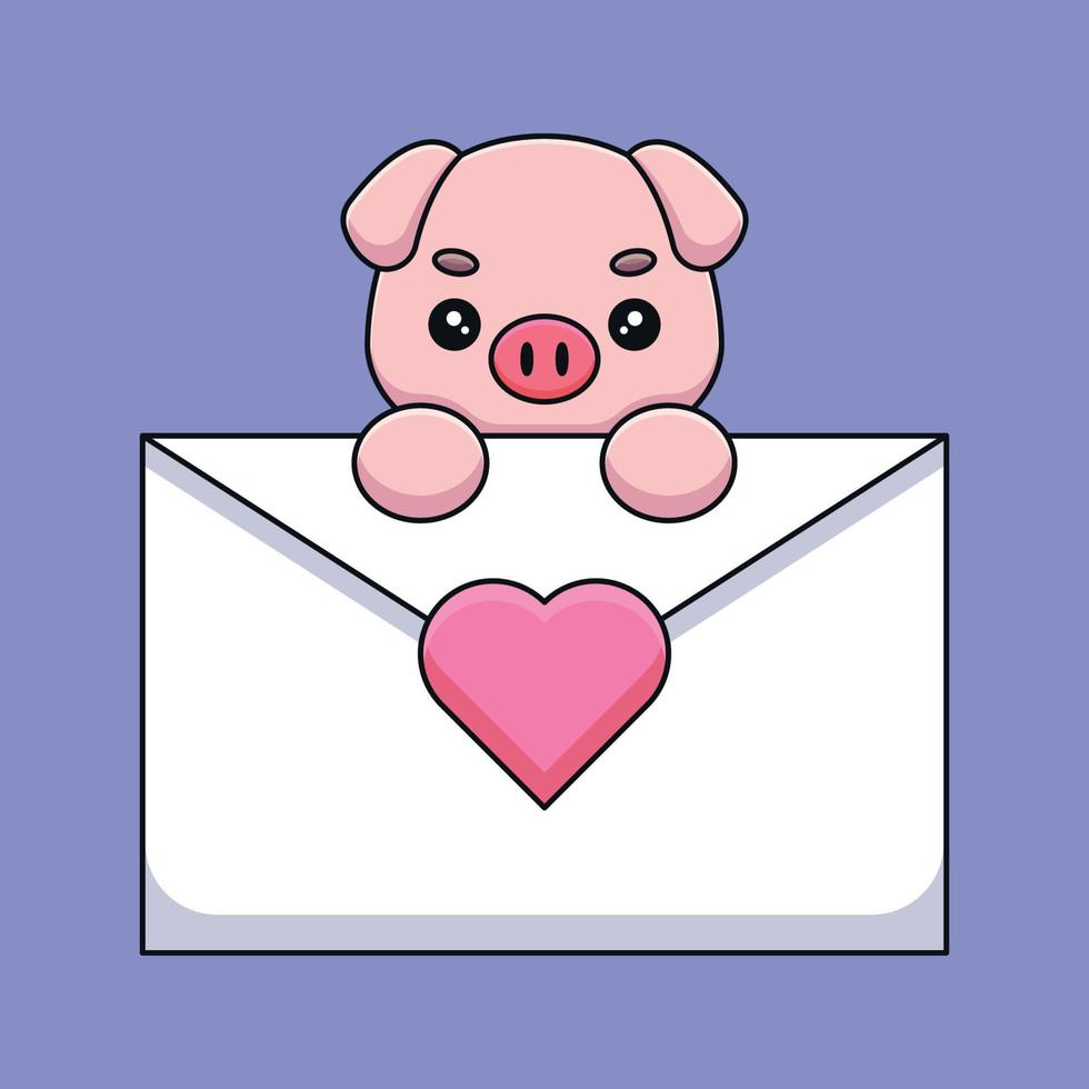 cute pig holding a love letter cartoon mascot doodle art hand drawn outline concept vector kawaii icon illustration