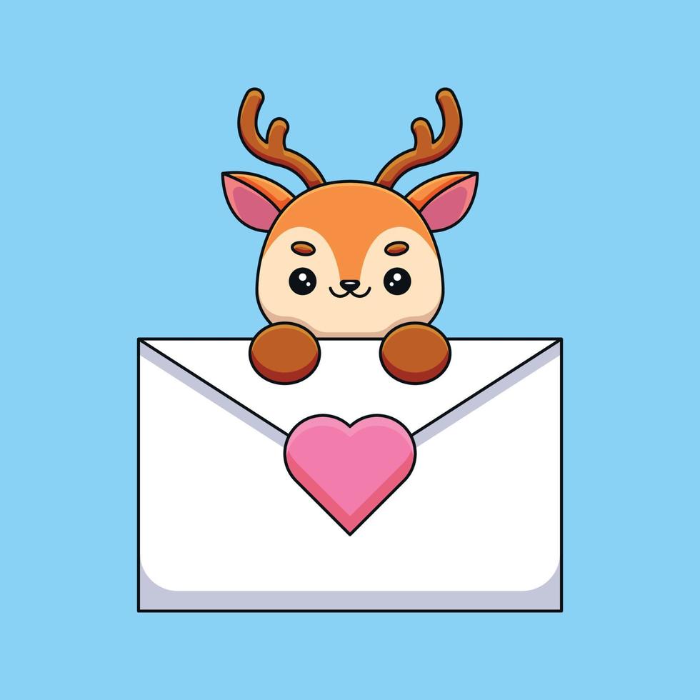 lindo ciervo sosteniendo una carta de amor caricatura mascota garabato arte dibujado a mano esquema concepto vector kawaii icono ilustración