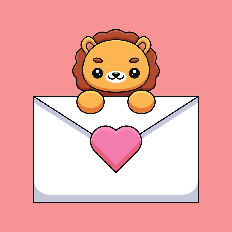 lindo león sosteniendo una carta de amor caricatura mascota garabato arte dibujado a mano esquema concepto vector kawaii icono ilustración