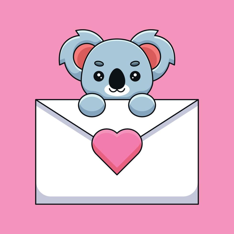 lindo koala sosteniendo una carta de amor caricatura mascota garabato arte dibujado a mano esquema concepto vector kawaii icono ilustración