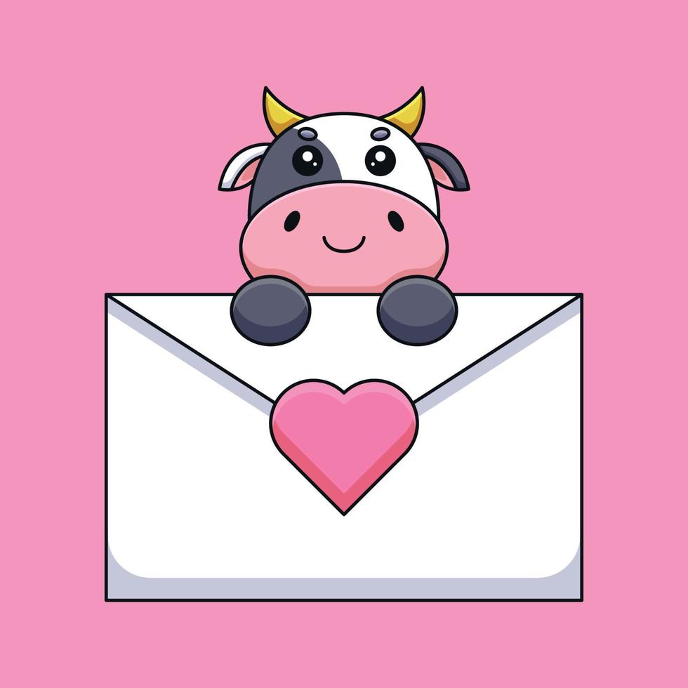 linda vaca sosteniendo una carta de amor caricatura mascota garabato arte dibujado a mano esquema concepto vector kawaii icono ilustración
