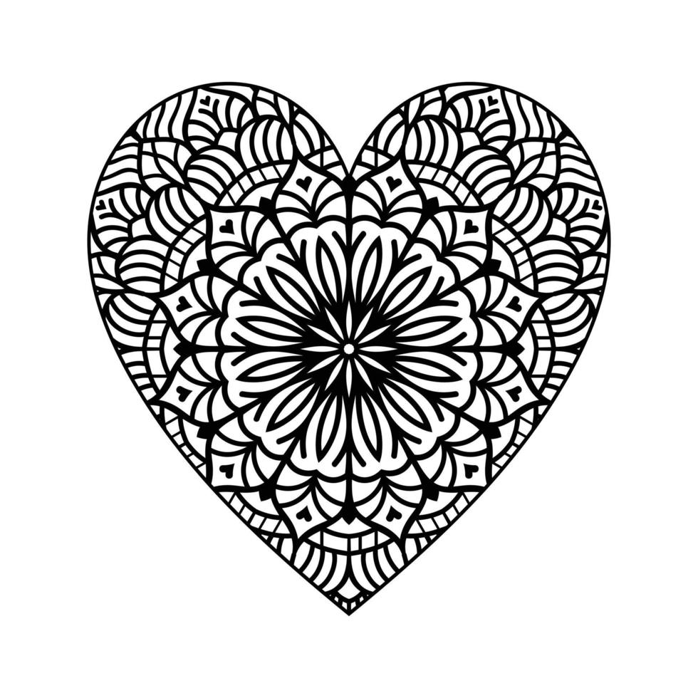 Heart shaped mandala floral pattern for coloring book, heart with floral mandala pattern, hand drawn heart floral mandala doodle, heart mandala coloring page for adult vector