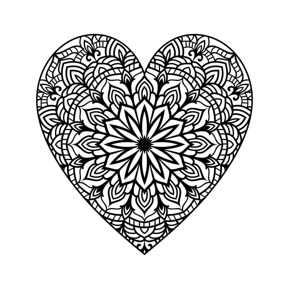 Heart shaped mandala floral pattern for coloring book, heart with floral mandala pattern, hand drawn heart floral mandala doodle, heart mandala coloring page for adult vector