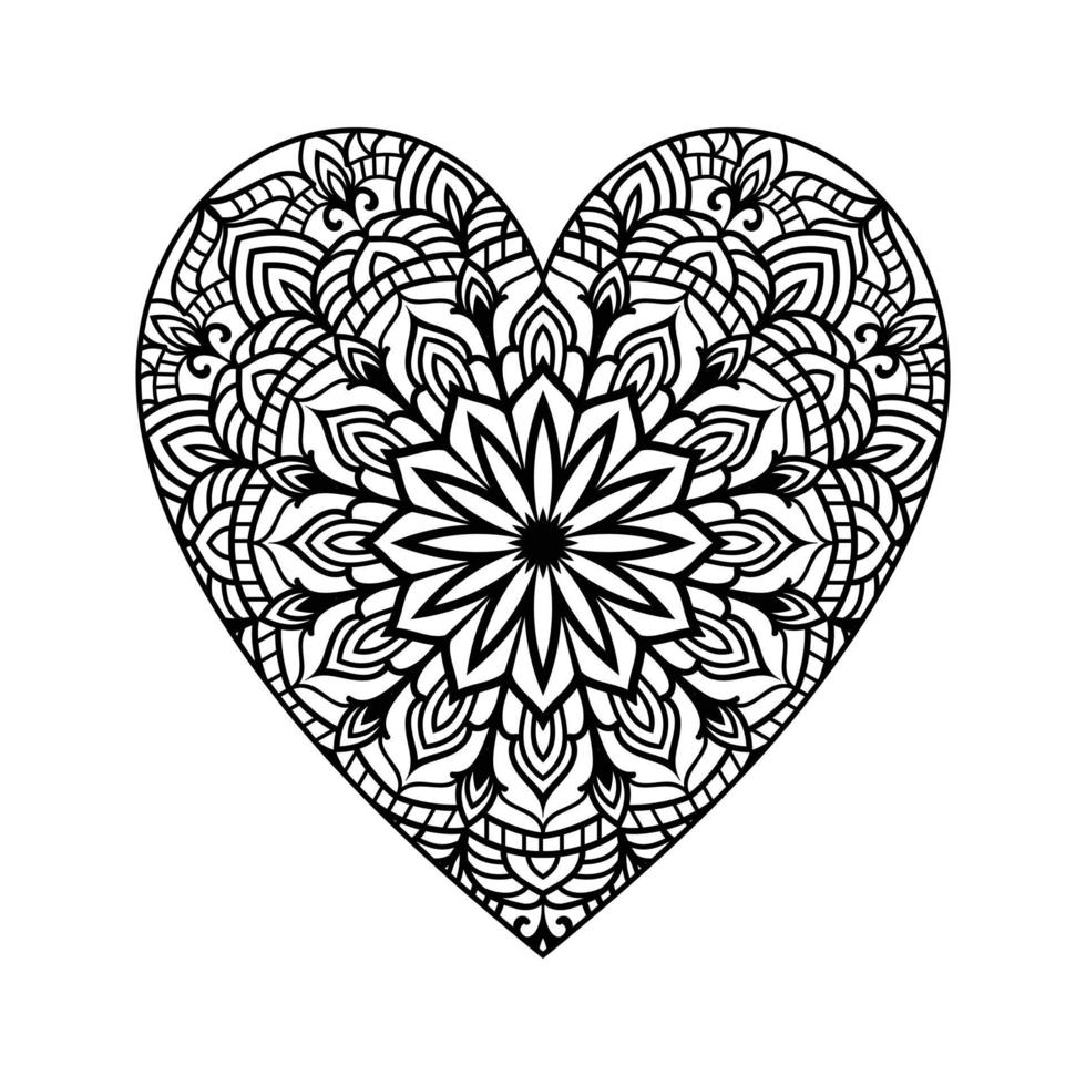 Heart shaped mandala floral pattern for coloring book, heart with floral mandala pattern, hand drawn heart floral mandala doodle, heart mandala coloring page for adult vector