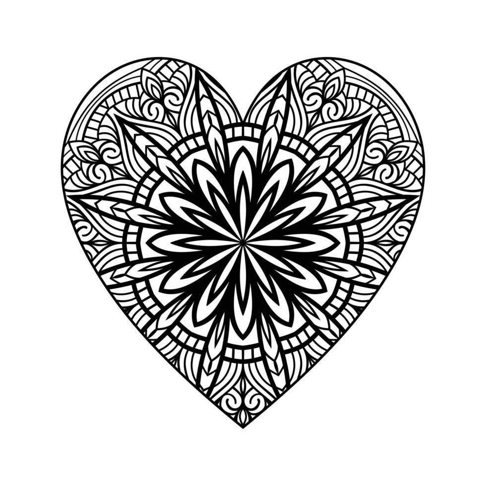 Heart shaped mandala floral pattern for coloring book, heart with floral mandala pattern, hand drawn heart floral mandala doodle, heart mandala coloring page for adult vector