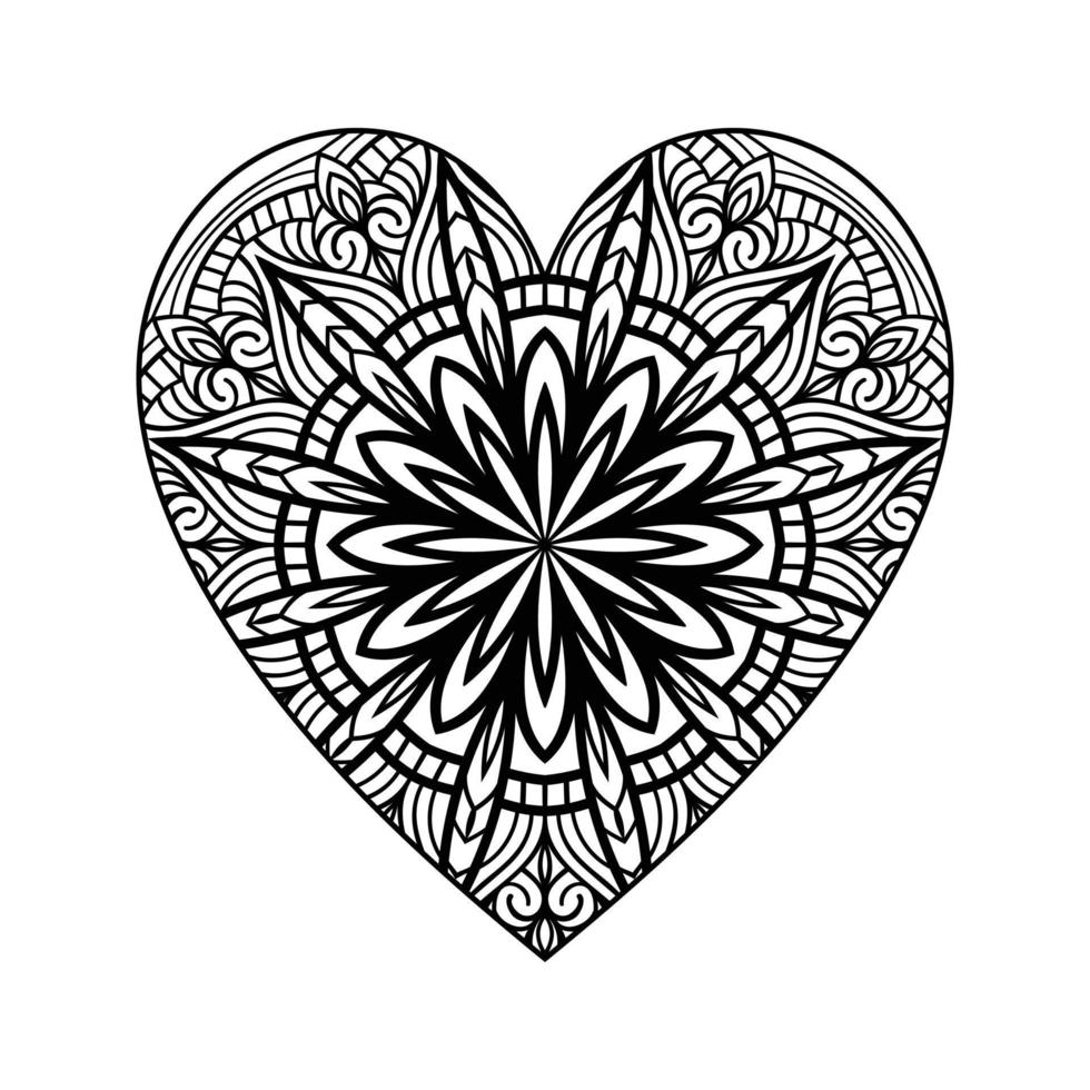 Heart shaped mandala floral pattern for coloring book, heart with floral mandala pattern, hand drawn heart floral mandala doodle, heart mandala coloring page for adult vector