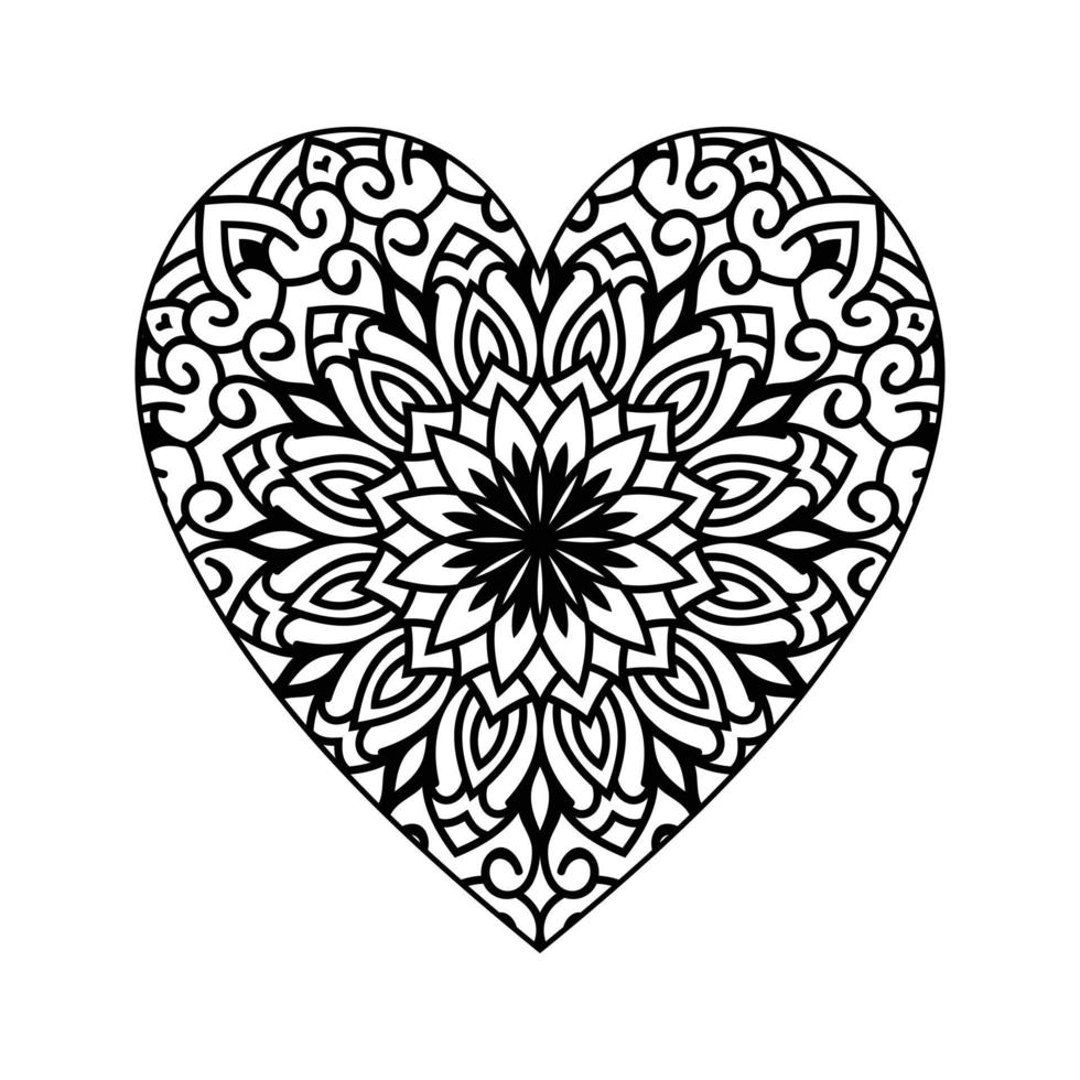 Heart shaped mandala floral pattern for coloring book, heart with floral mandala pattern, hand drawn heart floral mandala doodle, heart mandala coloring page for adult vector
