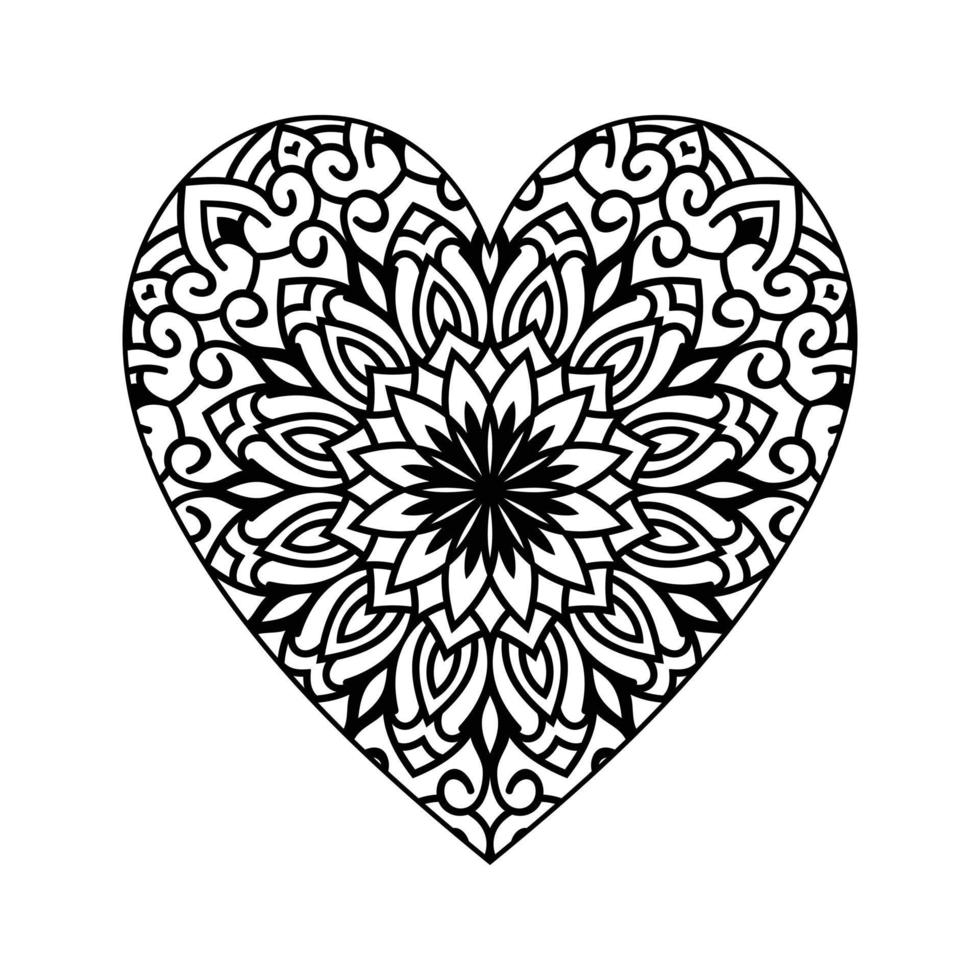 Heart shaped mandala floral pattern for coloring book, heart with floral mandala pattern, hand drawn heart floral mandala doodle, heart mandala coloring page for adult vector