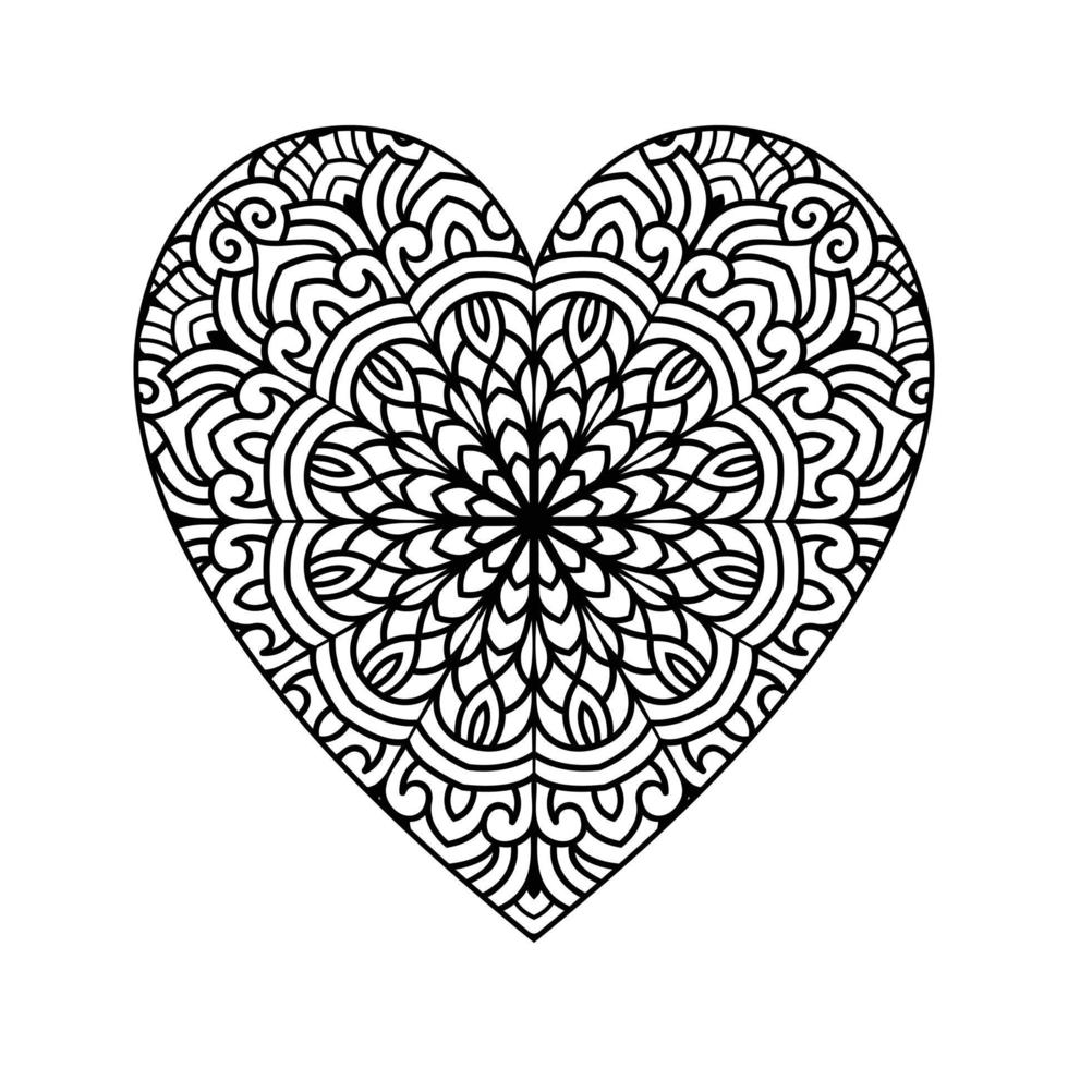 Heart shaped mandala floral pattern for coloring book, heart with floral mandala pattern, hand drawn heart floral mandala doodle, heart mandala coloring page for adult vector