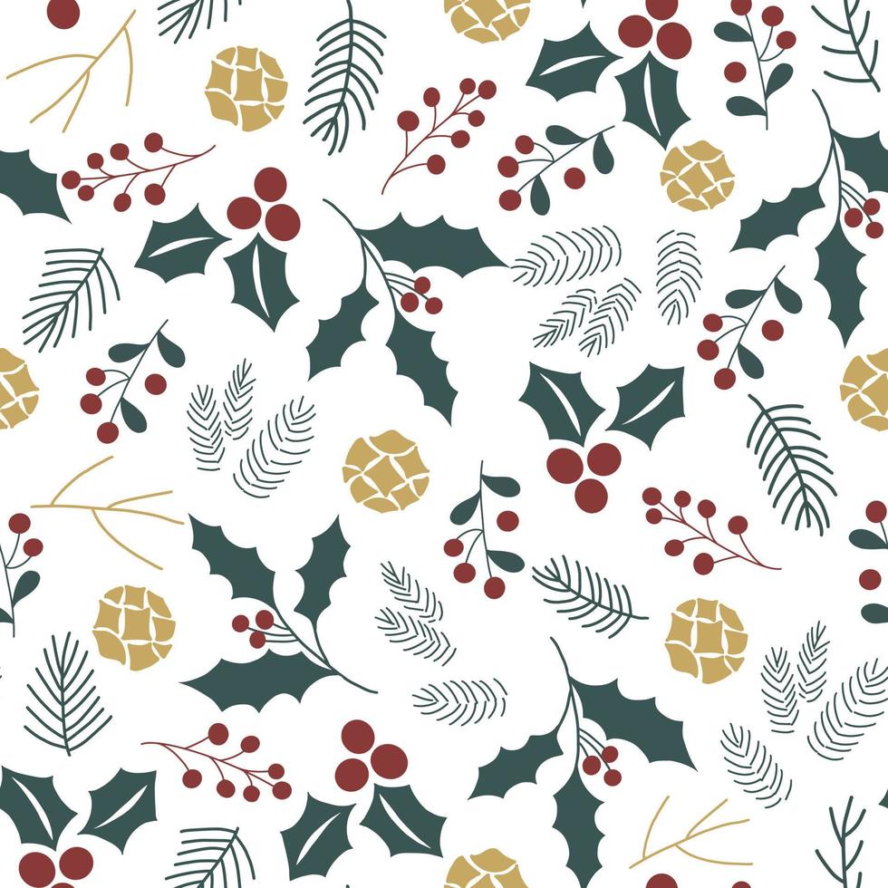 patrón de tela navideña sin costuras. vegetación de invierno y bayas de patrones sin fisuras. plantas del bosque acuarela sobre fondo blanco. ramas de pino, estampado festivo de conos de pino. fondos de pantalla de navidad. vector