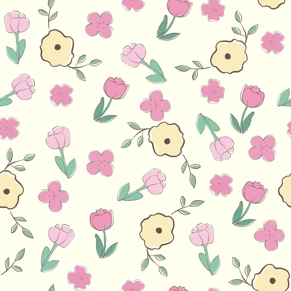 Pink tulip  and yellow flowers and cherry blossoms  seamless  pattern fabric.  Seamless pattern with hand drawn flowers and leaves, summer and spring flowers, tulips, daisy, mimosa, field flowers. vector