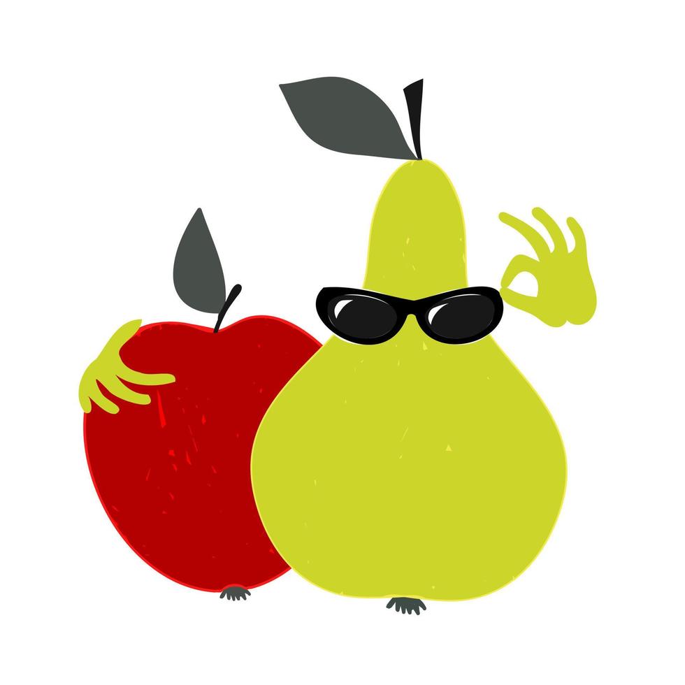 ilustración vectorial con fruta real. pera con gafas de sol abraza manzana. vector